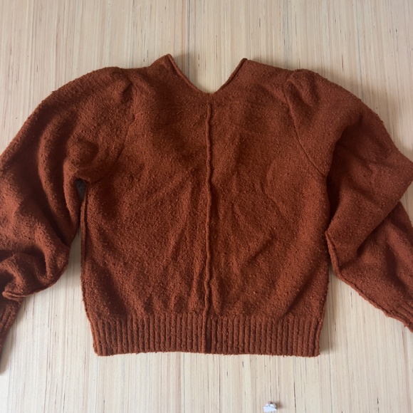 NWT Free People Reverie texture v-neck sweater XS brown burnt butter puff sleeve - Picture 10 of 10